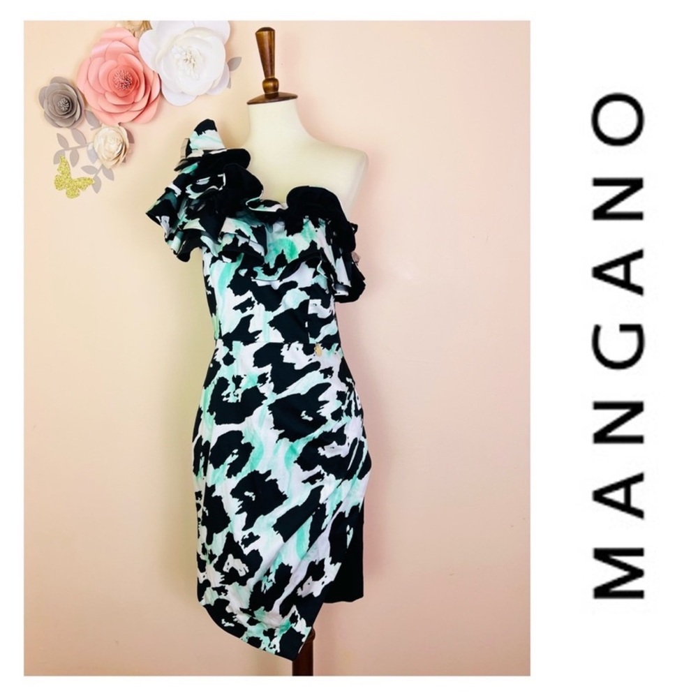 New! MANGANO One Shoulder Ruffle Animal Print Dress
